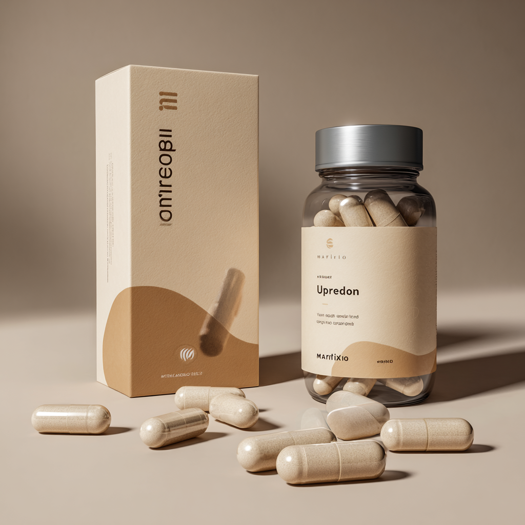 Упгредон хранителна добавка в елегантна опаковка - натурален продукт за мъжка жизненост с тъмно лилави и златисти акценти върху гладка повърхност